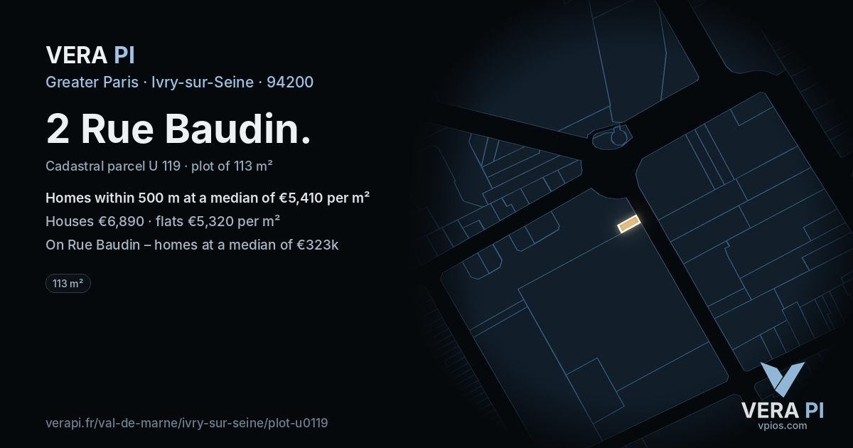 2 Rue Baudin, Ivry-sur-Seine at night – the plot lit, the parcels around coloured by the prices near them
