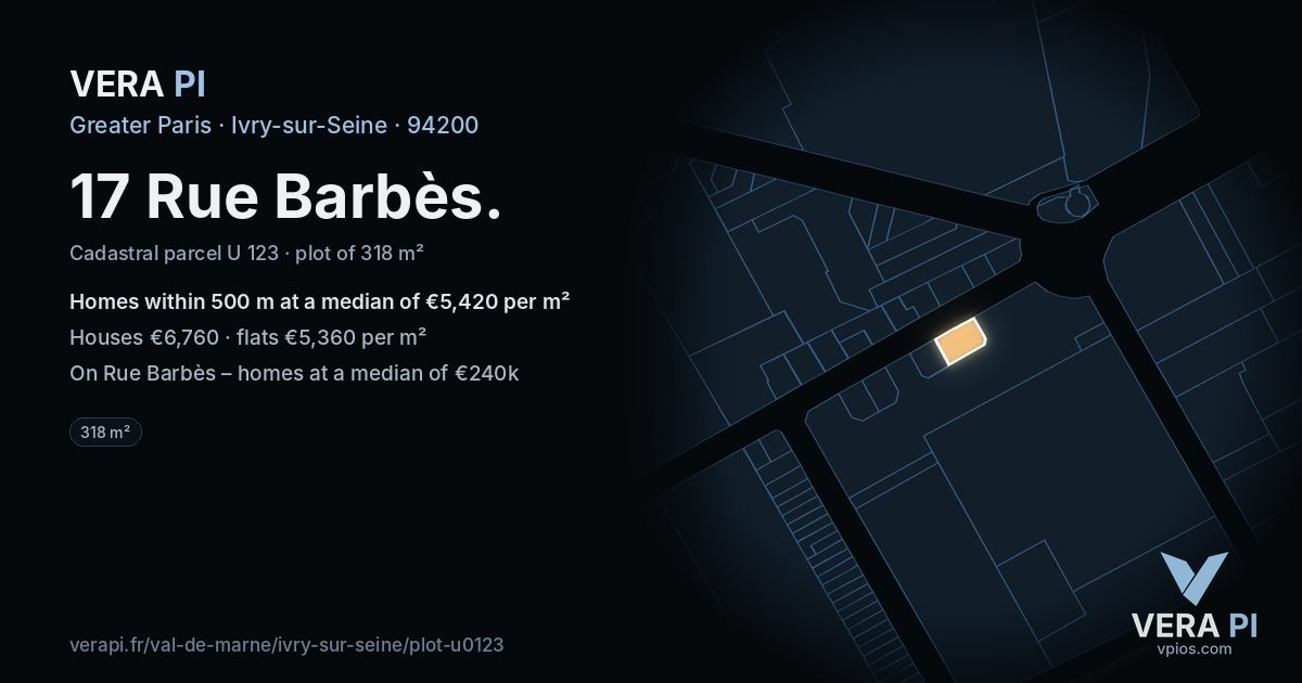17 Rue Barbès, Ivry-sur-Seine at night – the plot lit, the parcels around coloured by the prices near them