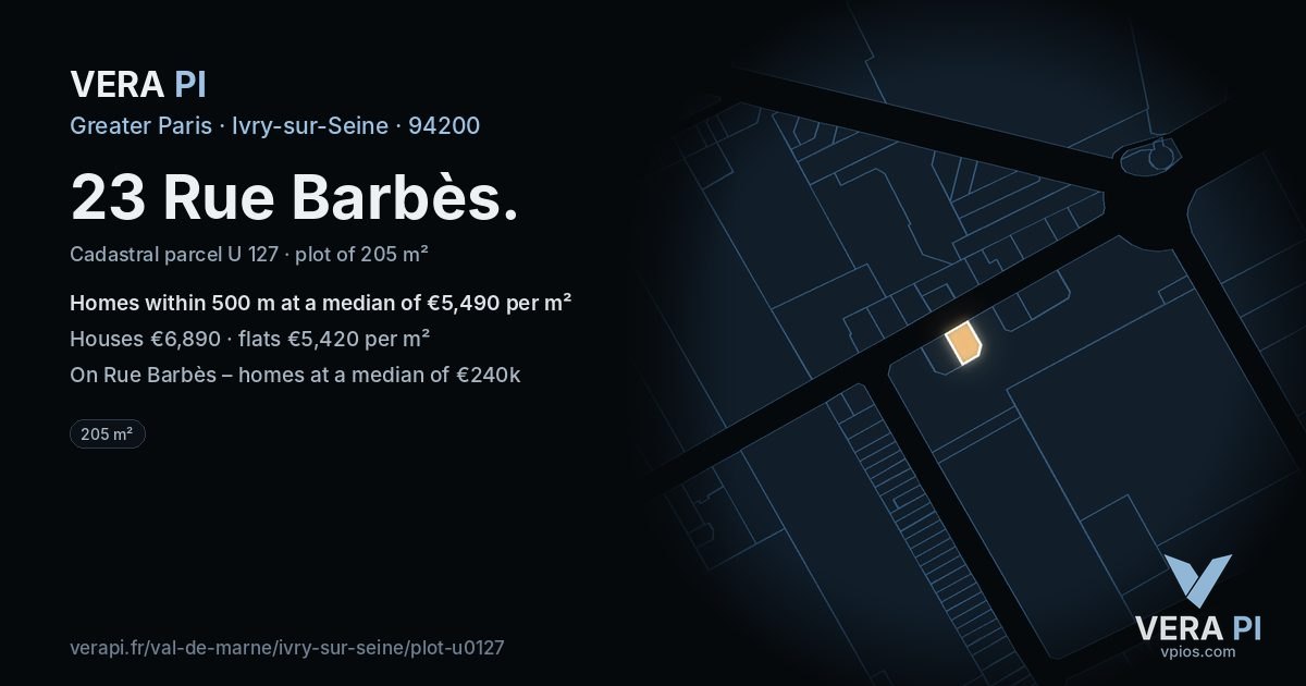 23 Rue Barbès, Ivry-sur-Seine at night – the plot lit, the parcels around coloured by the prices near them