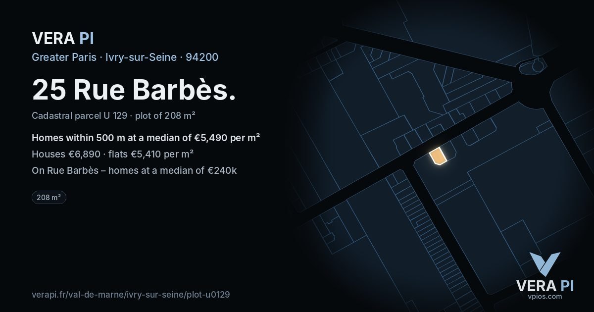25 Rue Barbès, Ivry-sur-Seine at night – the plot lit, the parcels around coloured by the prices near them