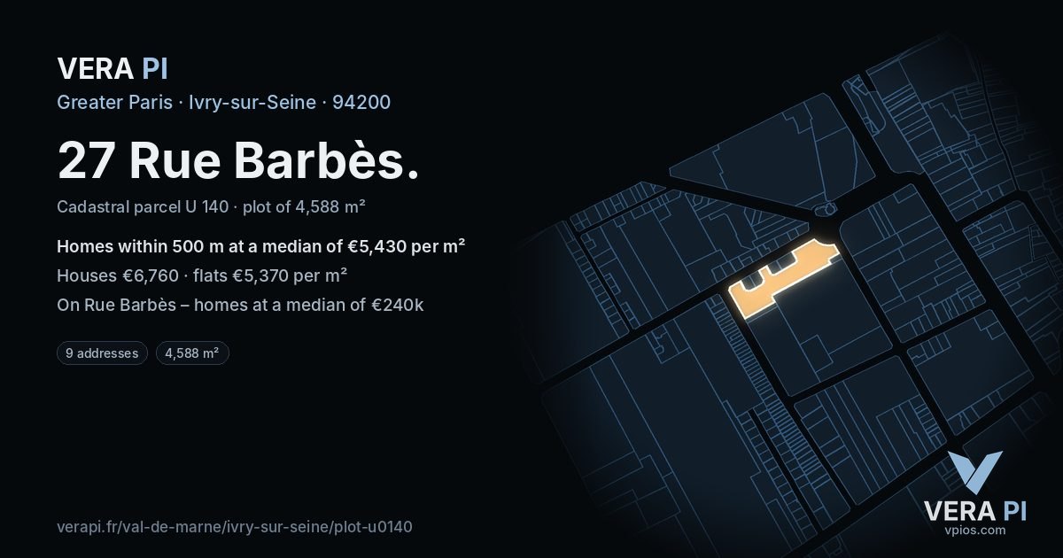 27 Rue Barbès, Ivry-sur-Seine at night – the plot lit, the parcels around coloured by the prices near them