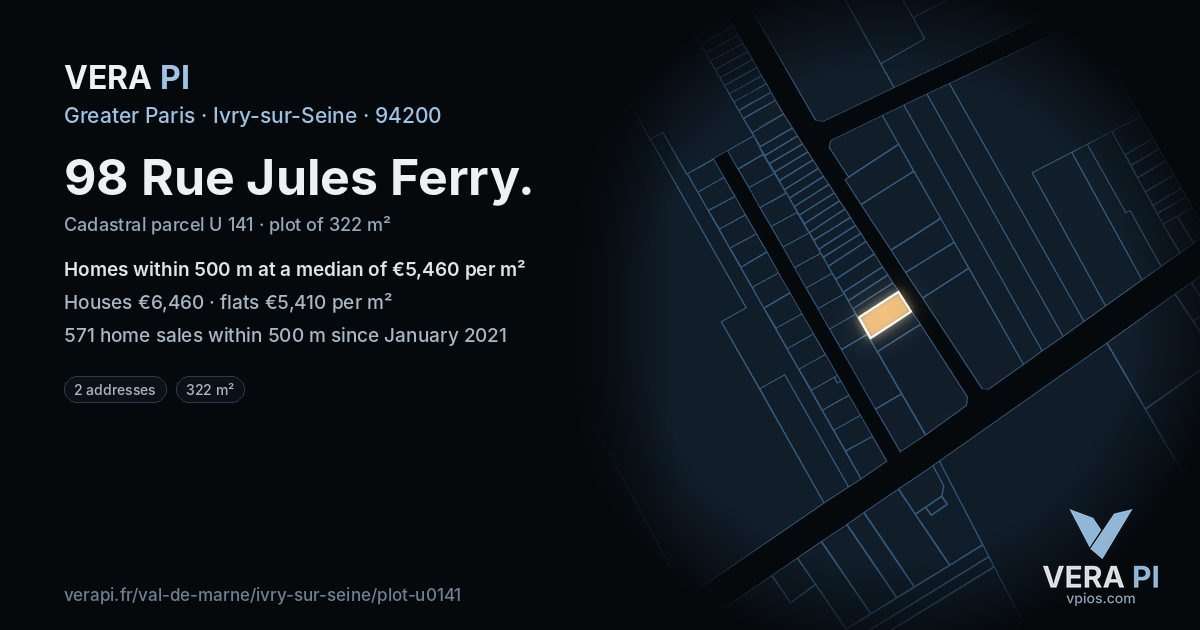 98 Rue Jules Ferry, Ivry-sur-Seine at night – the plot lit, the parcels around coloured by the prices near them