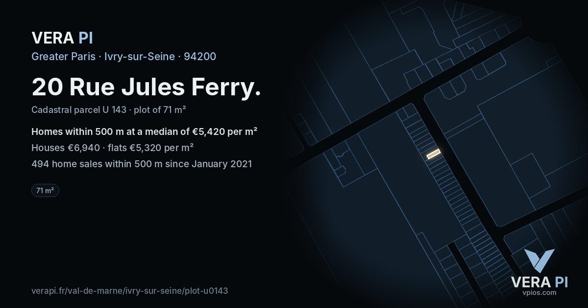 20 Rue Jules Ferry, Ivry-sur-Seine at night – the plot lit, the parcels around coloured by the prices near them