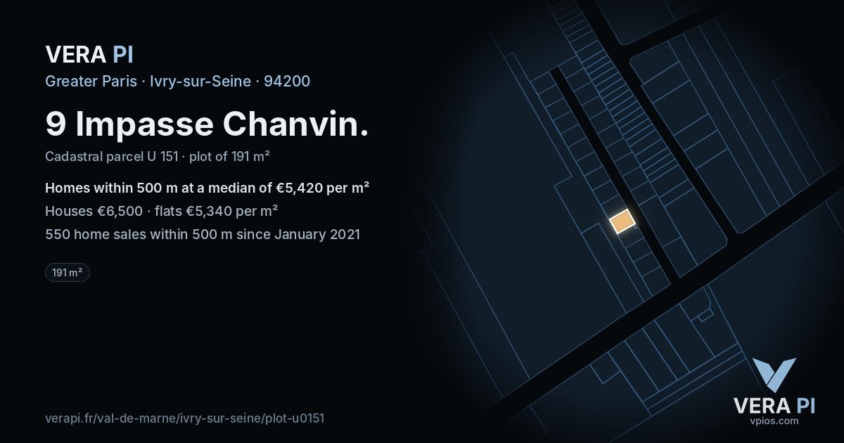 9 Impasse Chanvin, Ivry-sur-Seine at night – the plot lit, the parcels around coloured by the prices near them