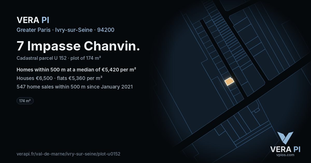 7 Impasse Chanvin, Ivry-sur-Seine at night – the plot lit, the parcels around coloured by the prices near them