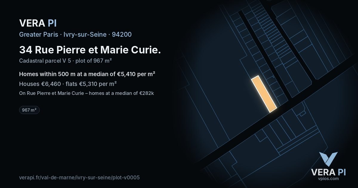 34 Rue Pierre et Marie Curie, Ivry-sur-Seine at night – the plot lit, the parcels around coloured by the prices near them