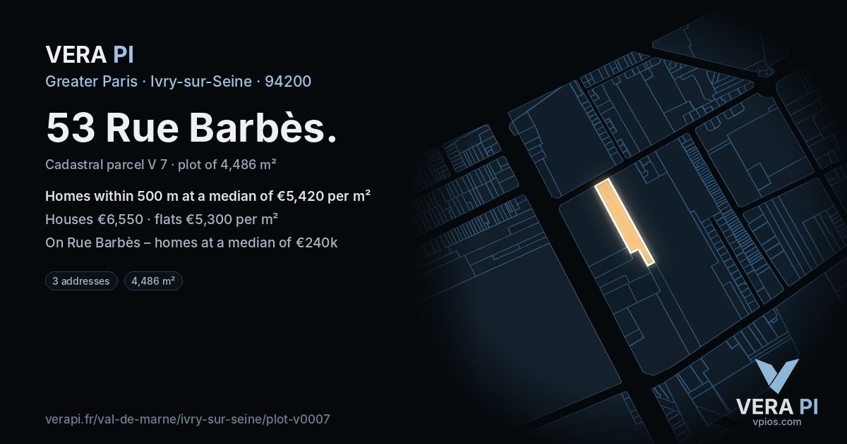 53 Rue Barbès, Ivry-sur-Seine at night – the plot lit, the parcels around coloured by the prices near them