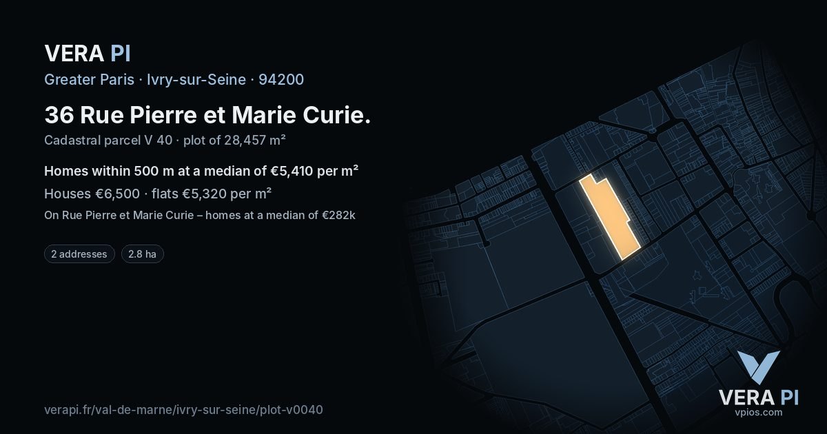 36 Rue Pierre et Marie Curie, Ivry-sur-Seine at night – the plot lit, the parcels around coloured by the prices near them