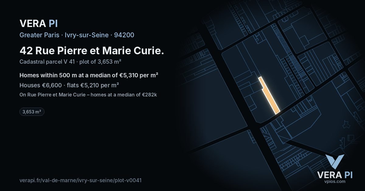 42 Rue Pierre et Marie Curie, Ivry-sur-Seine at night – the plot lit, the parcels around coloured by the prices near them