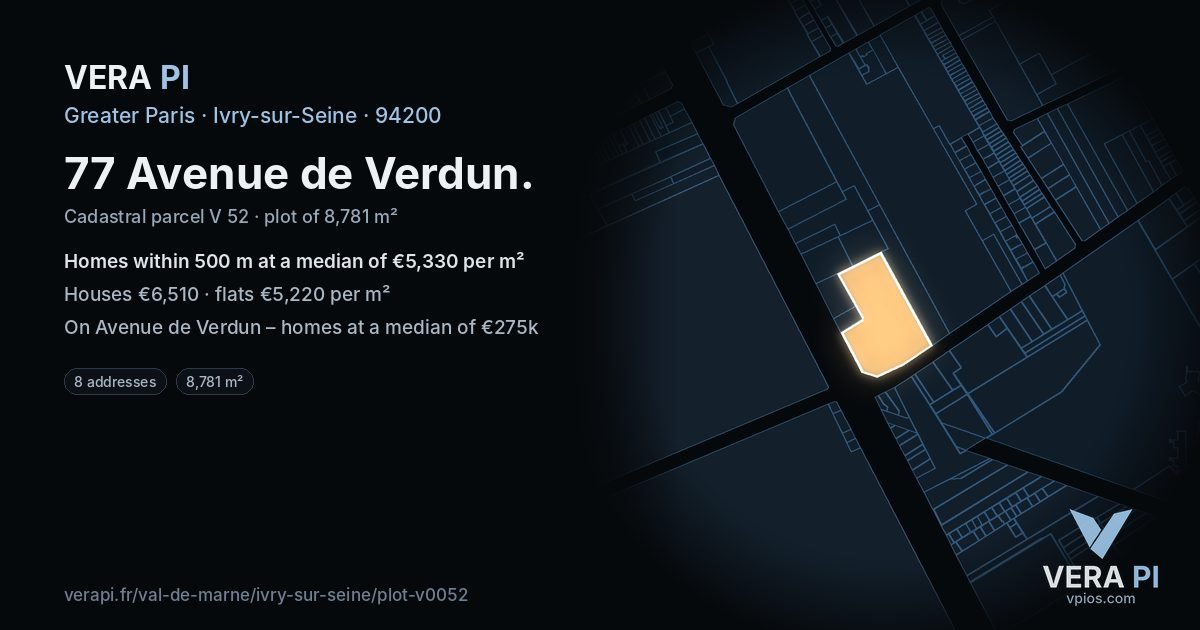 77 Avenue de Verdun, Ivry-sur-Seine at night – the plot lit, the parcels around coloured by the prices near them