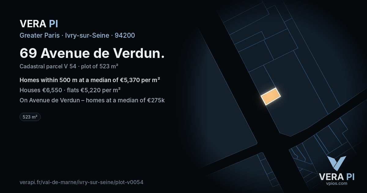 69 Avenue de Verdun, Ivry-sur-Seine at night – the plot lit, the parcels around coloured by the prices near them