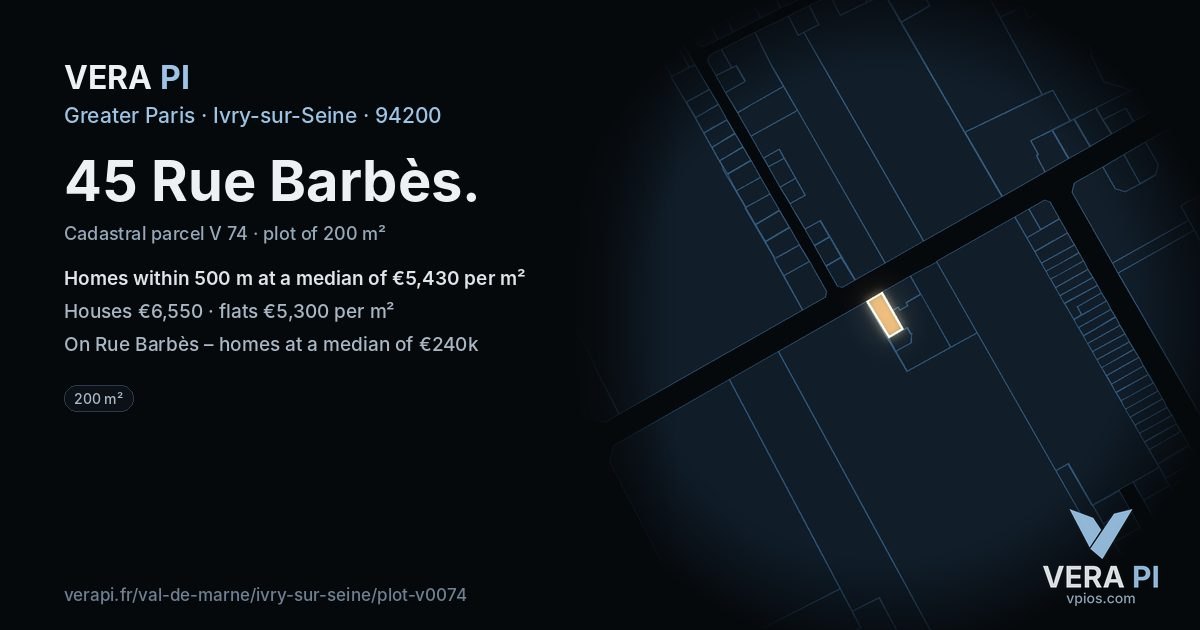 45 Rue Barbès, Ivry-sur-Seine at night – the plot lit, the parcels around coloured by the prices near them