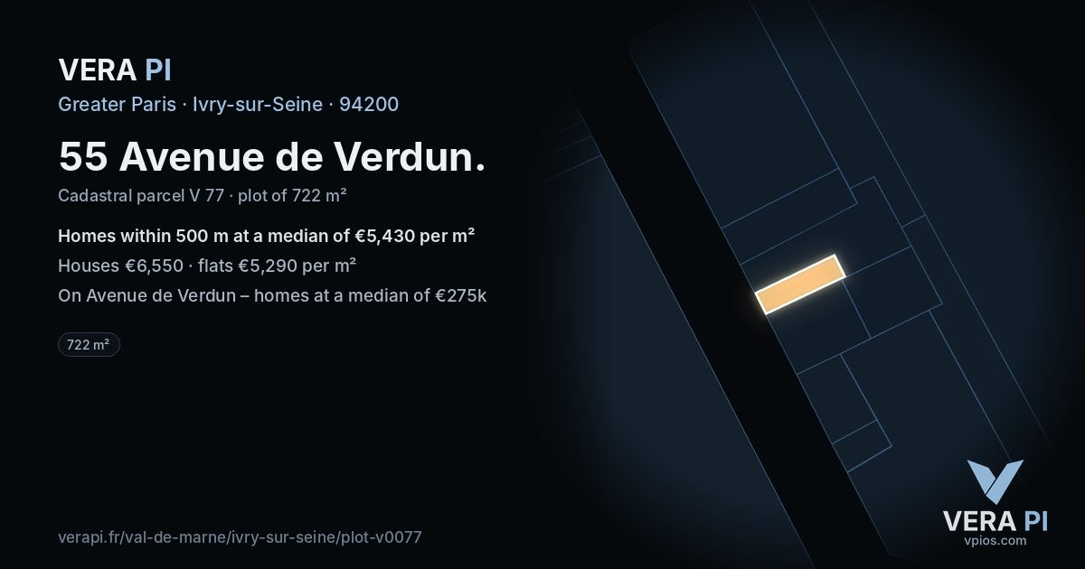 55 Avenue de Verdun, Ivry-sur-Seine at night – the plot lit, the parcels around coloured by the prices near them