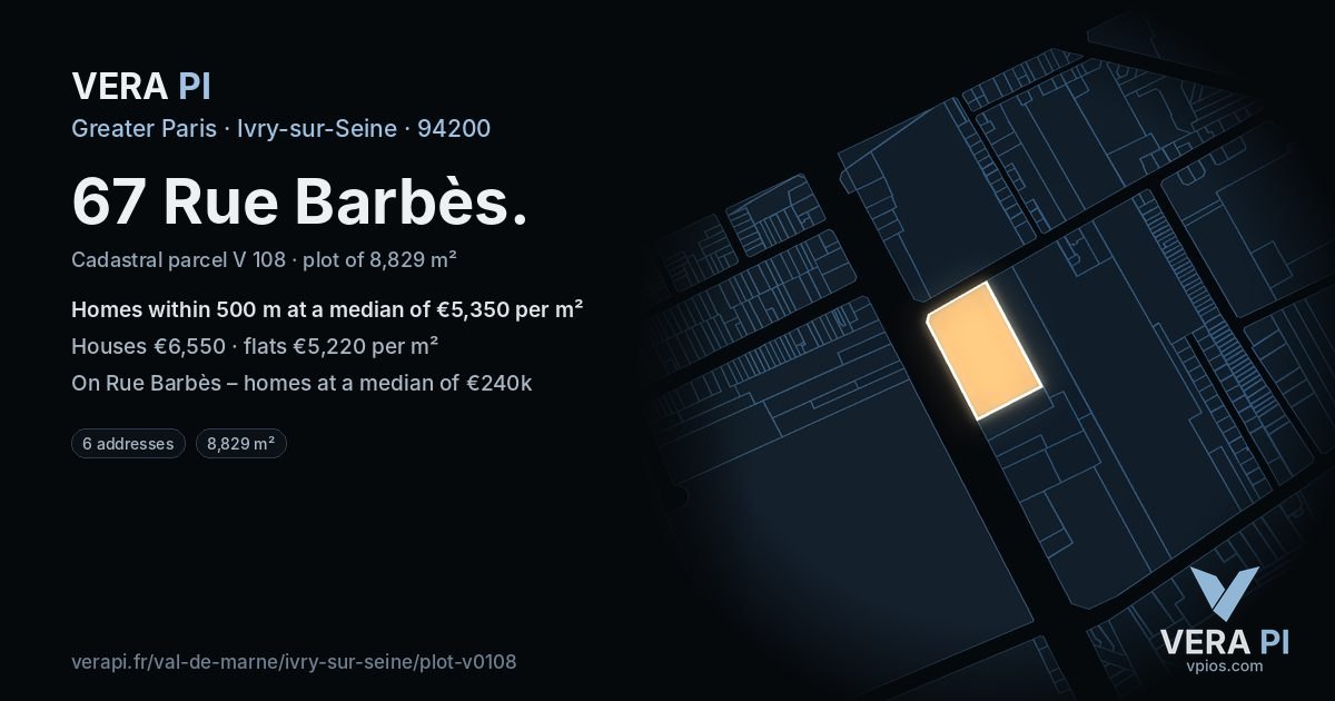 67 Rue Barbès, Ivry-sur-Seine at night – the plot lit, the parcels around coloured by the prices near them