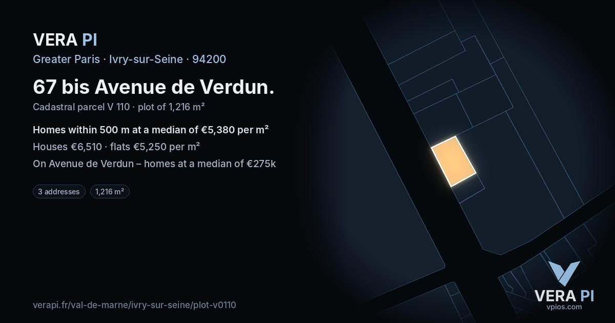 67 bis Avenue de Verdun, Ivry-sur-Seine at night – the plot lit, the parcels around coloured by the prices near them