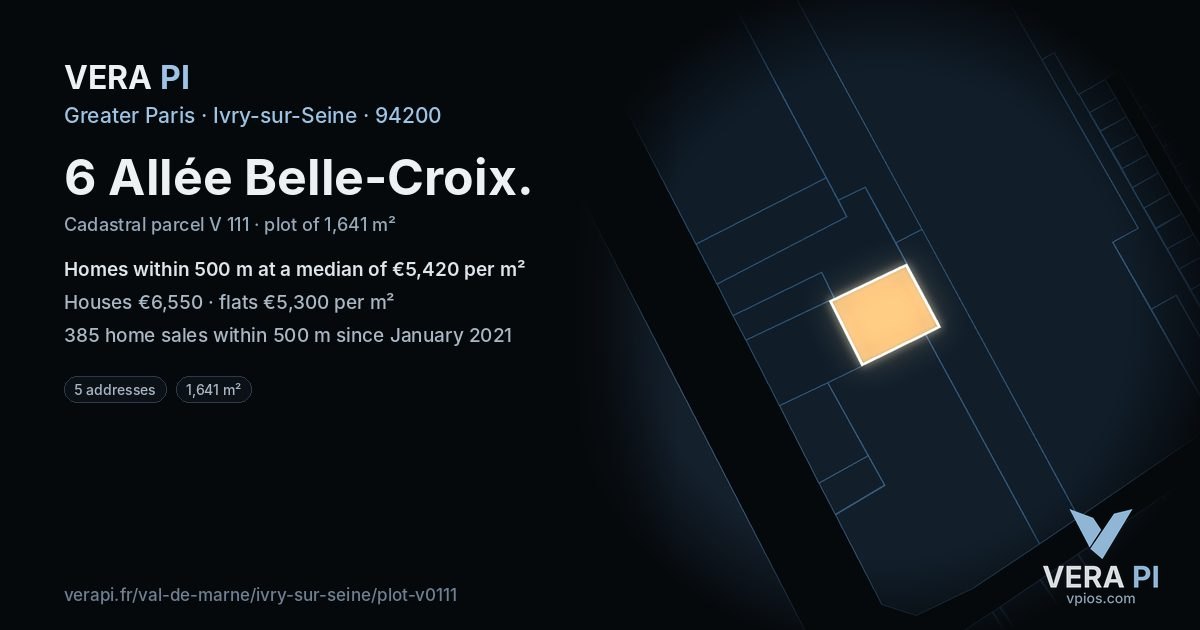 6 Allée Belle-Croix, Ivry-sur-Seine at night – the plot lit, the parcels around coloured by the prices near them