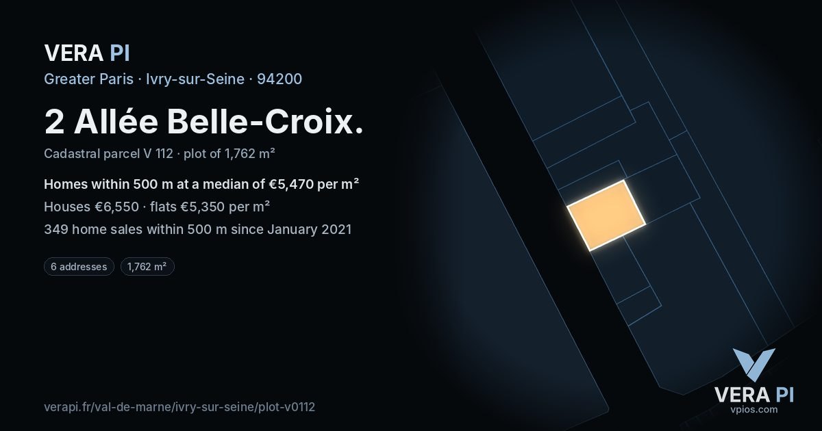 2 Allée Belle-Croix, Ivry-sur-Seine at night – the plot lit, the parcels around coloured by the prices near them