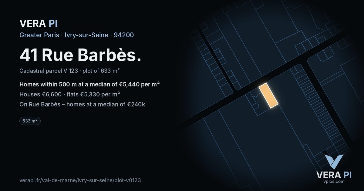41 Rue Barbès, Ivry-sur-Seine at night – the plot lit, the parcels around coloured by the prices near them