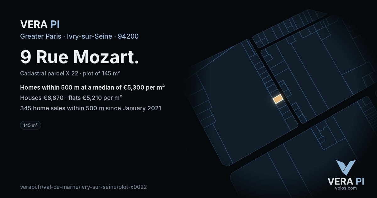 9 Rue Mozart, Ivry-sur-Seine at night – the plot lit, the parcels around coloured by the prices near them