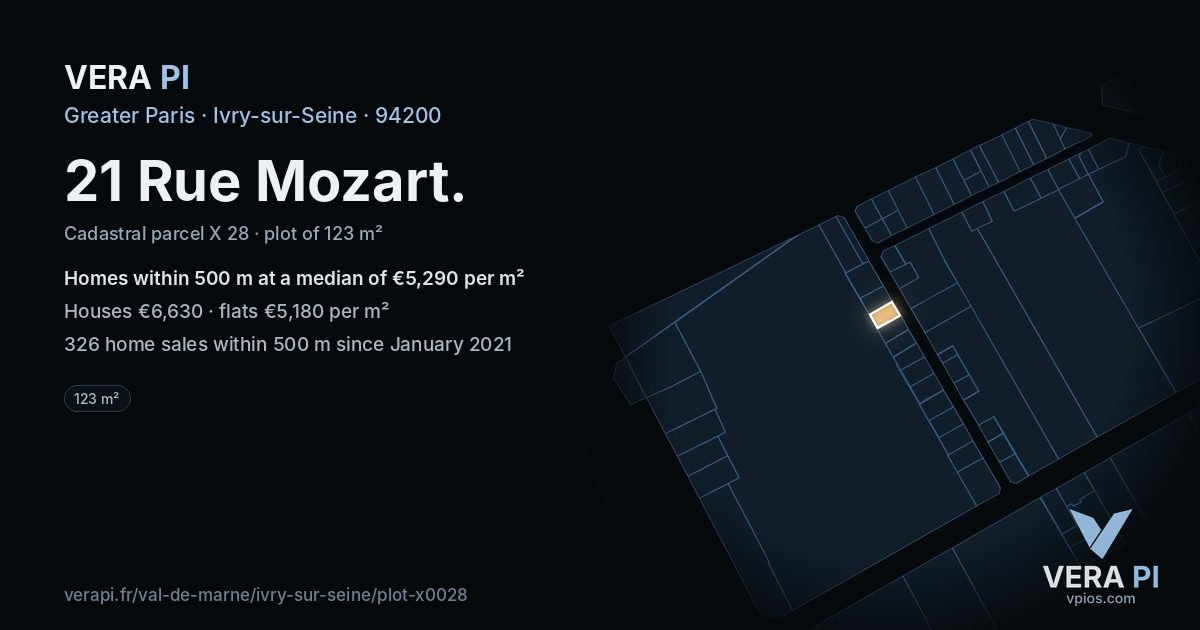 21 Rue Mozart, Ivry-sur-Seine at night – the plot lit, the parcels around coloured by the prices near them