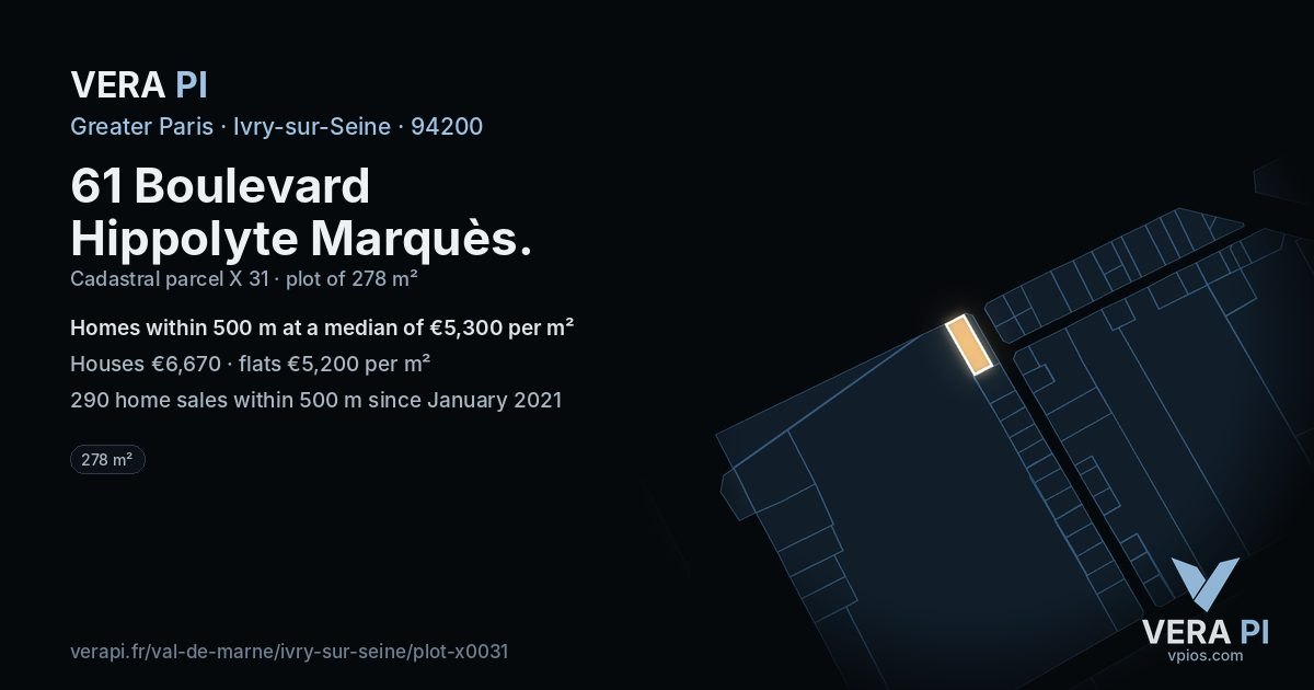61 Boulevard Hippolyte Marquès, Ivry-sur-Seine at night – the plot lit, the parcels around coloured by the prices near them