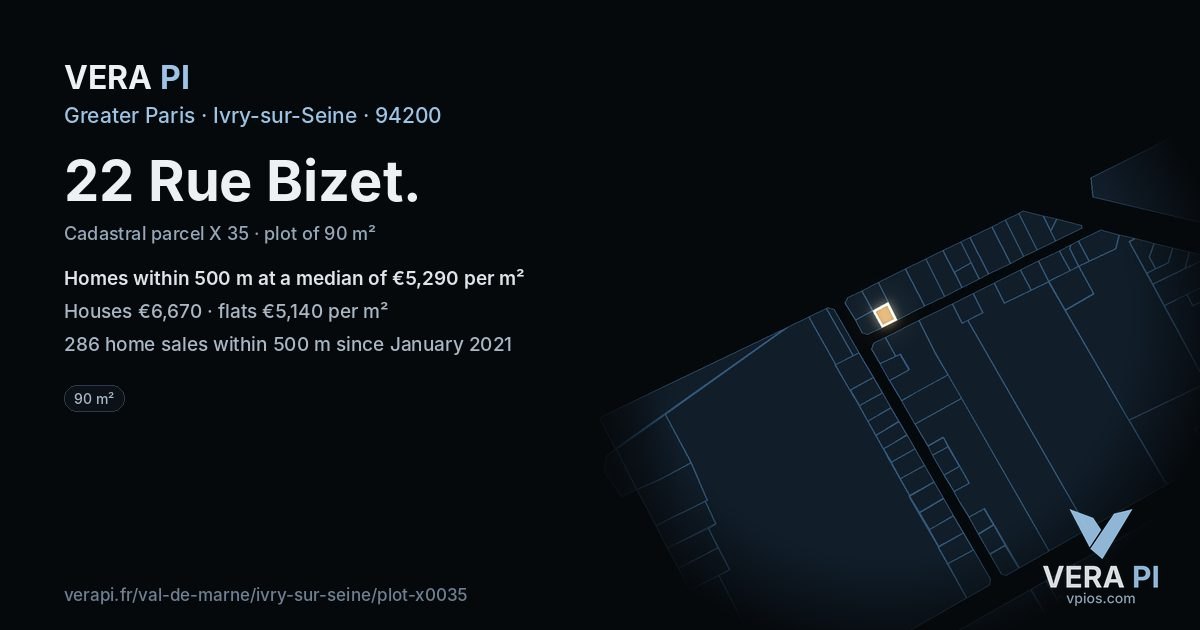 22 Rue Bizet, Ivry-sur-Seine at night – the plot lit, the parcels around coloured by the prices near them