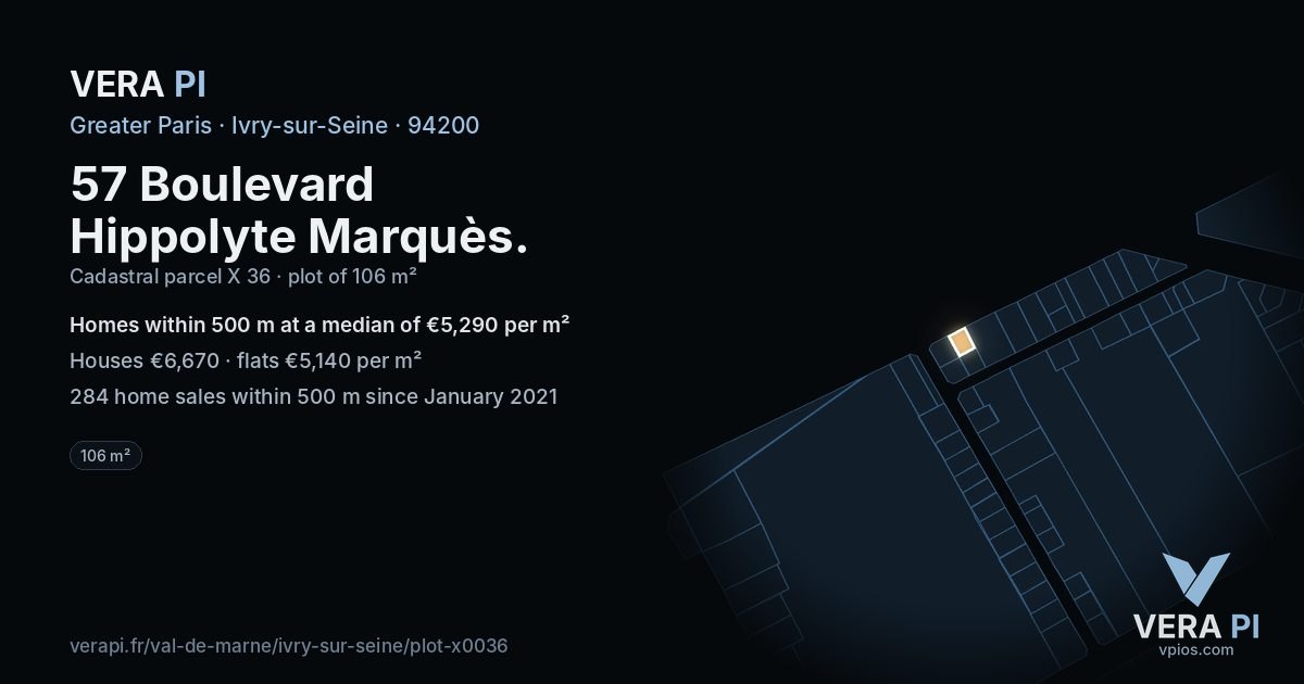 57 Boulevard Hippolyte Marquès, Ivry-sur-Seine at night – the plot lit, the parcels around coloured by the prices near them