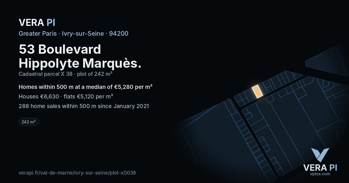 53 Boulevard Hippolyte Marquès, Ivry-sur-Seine at night – the plot lit, the parcels around coloured by the prices near them