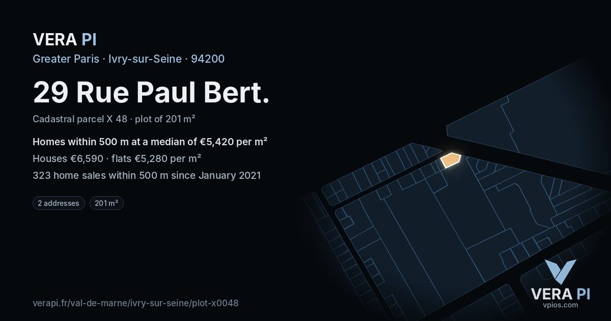29 Rue Paul Bert, Ivry-sur-Seine at night – the plot lit, the parcels around coloured by the prices near them