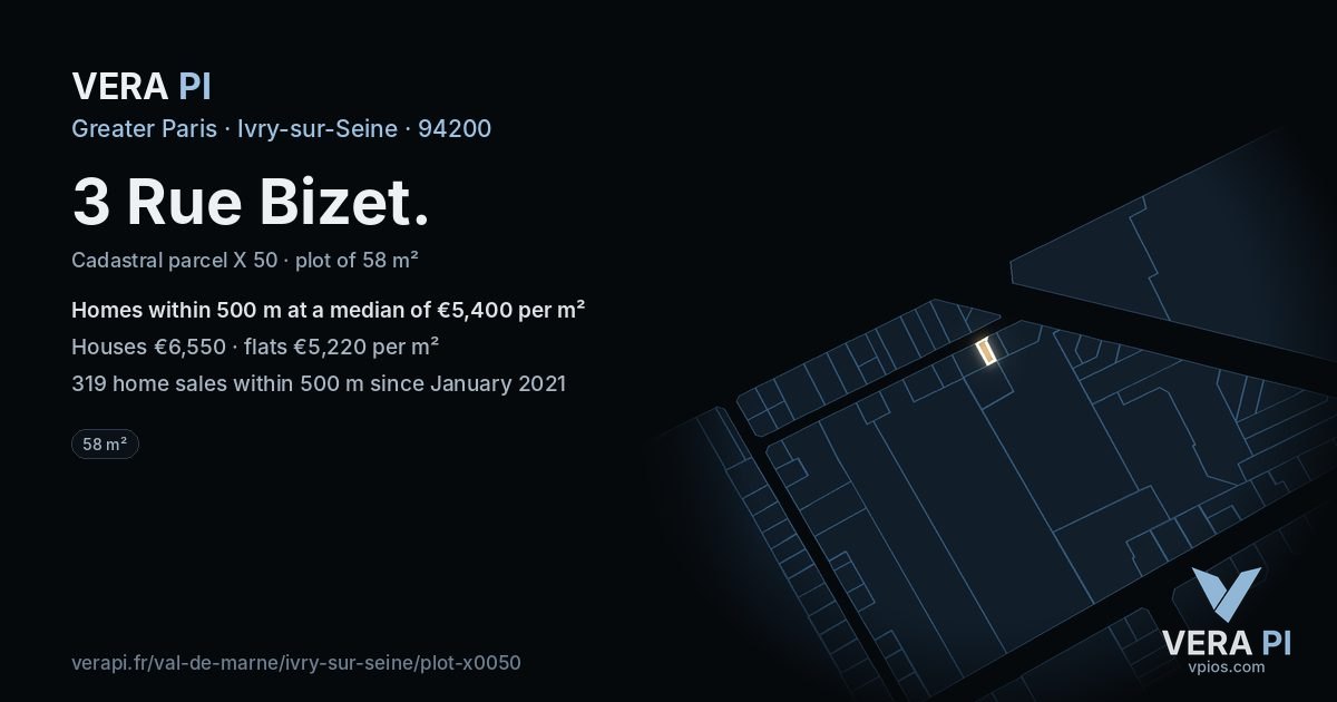 3 Rue Bizet, Ivry-sur-Seine at night – the plot lit, the parcels around coloured by the prices near them