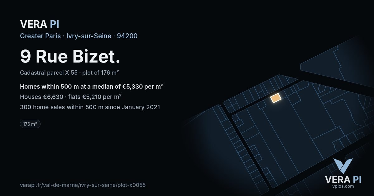 9 Rue Bizet, Ivry-sur-Seine at night – the plot lit, the parcels around coloured by the prices near them