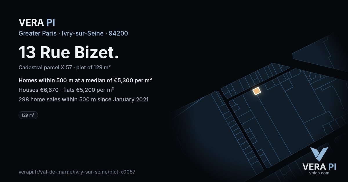 13 Rue Bizet, Ivry-sur-Seine at night – the plot lit, the parcels around coloured by the prices near them