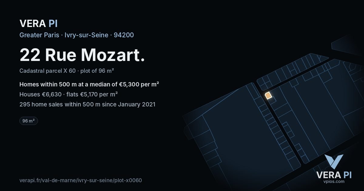 22 Rue Mozart, Ivry-sur-Seine at night – the plot lit, the parcels around coloured by the prices near them