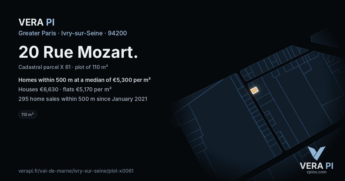 20 Rue Mozart, Ivry-sur-Seine at night – the plot lit, the parcels around coloured by the prices near them