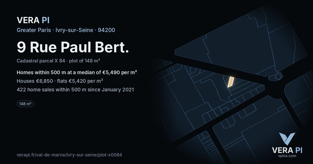 9 Rue Paul Bert, Ivry-sur-Seine at night – the plot lit, the parcels around coloured by the prices near them