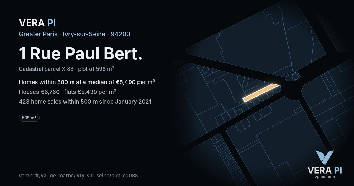 1 Rue Paul Bert, Ivry-sur-Seine at night – the plot lit, the parcels around coloured by the prices near them