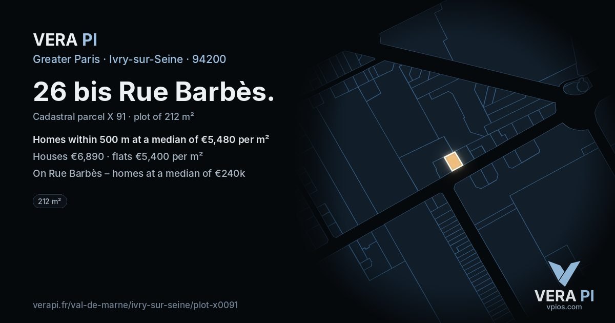 26 bis Rue Barbès, Ivry-sur-Seine at night – the plot lit, the parcels around coloured by the prices near them