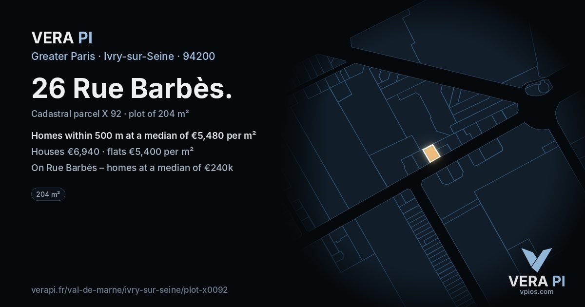 26 Rue Barbès, Ivry-sur-Seine at night – the plot lit, the parcels around coloured by the prices near them