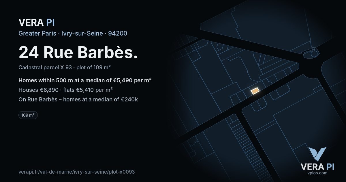 24 Rue Barbès, Ivry-sur-Seine at night – the plot lit, the parcels around coloured by the prices near them