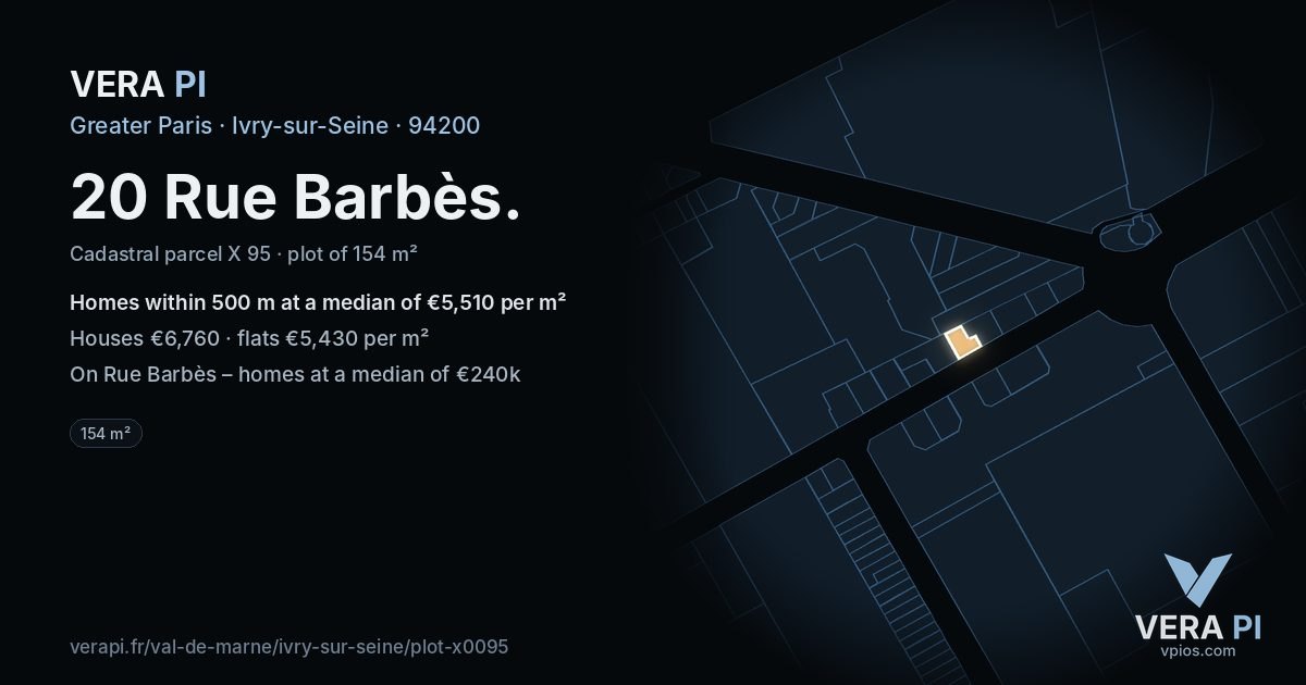 20 Rue Barbès, Ivry-sur-Seine at night – the plot lit, the parcels around coloured by the prices near them