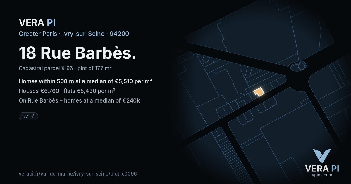 18 Rue Barbès, Ivry-sur-Seine at night – the plot lit, the parcels around coloured by the prices near them