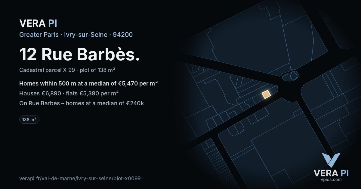 12 Rue Barbès, Ivry-sur-Seine at night – the plot lit, the parcels around coloured by the prices near them