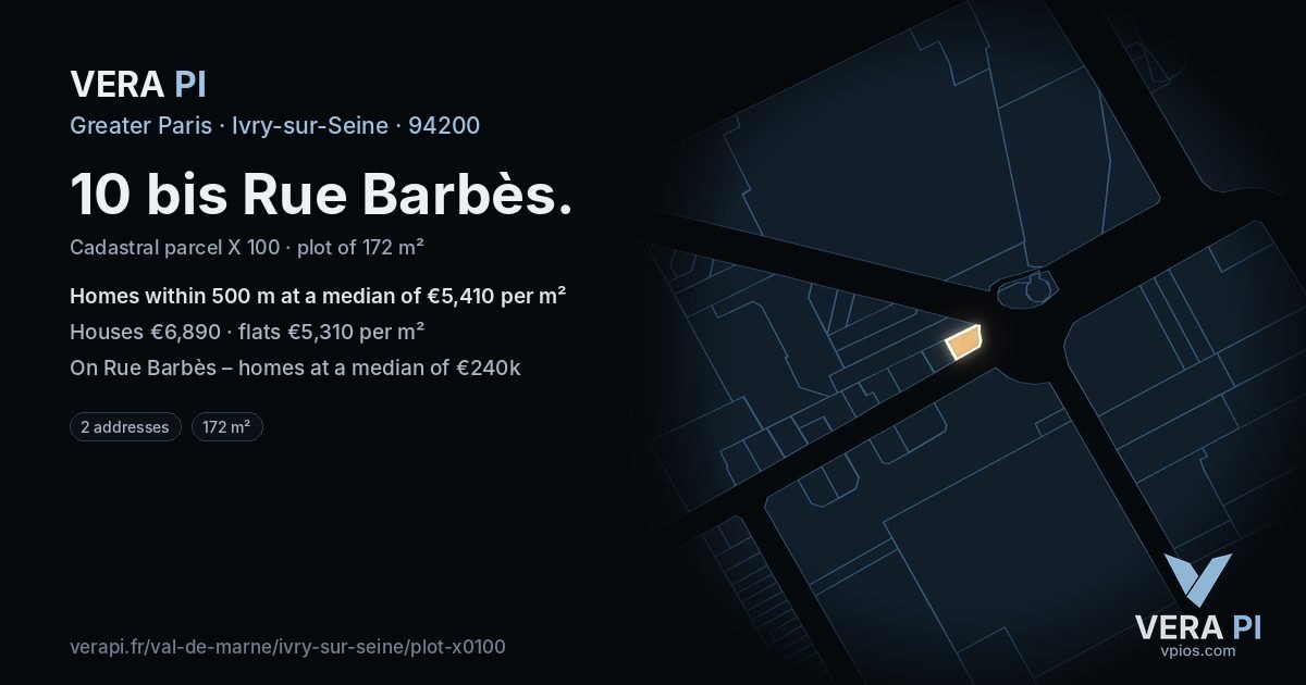 10 bis Rue Barbès, Ivry-sur-Seine at night – the plot lit, the parcels around coloured by the prices near them