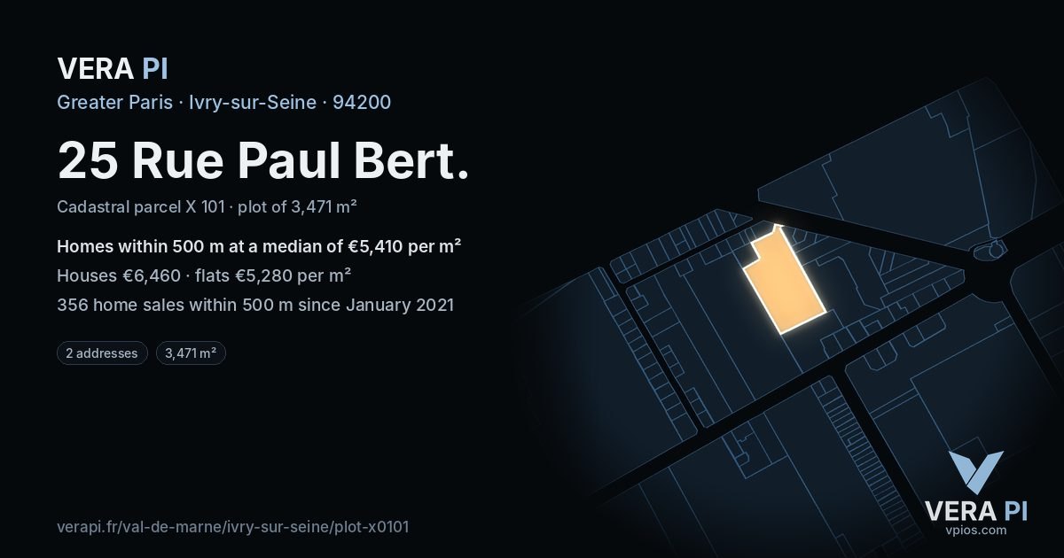 25 Rue Paul Bert, Ivry-sur-Seine at night – the plot lit, the parcels around coloured by the prices near them