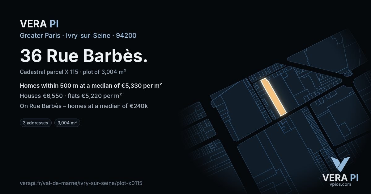 36 Rue Barbès, Ivry-sur-Seine at night – the plot lit, the parcels around coloured by the prices near them
