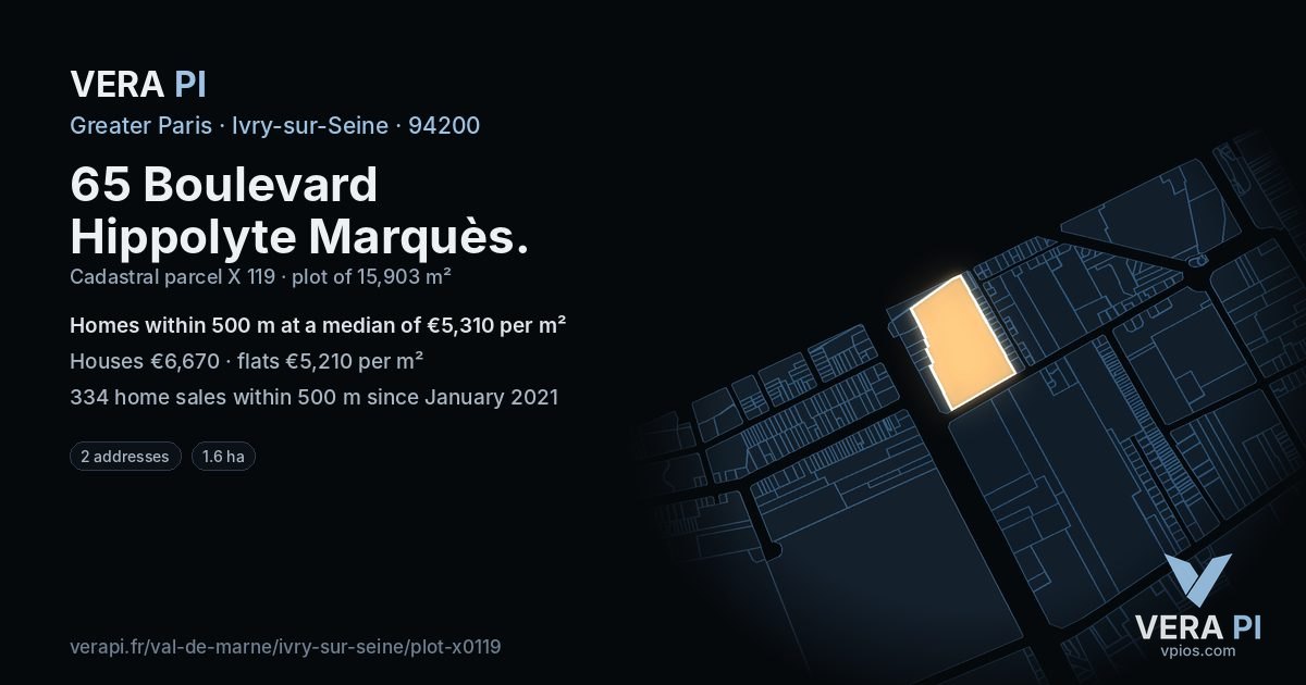 65 Boulevard Hippolyte Marquès, Ivry-sur-Seine at night – the plot lit, the parcels around coloured by the prices near them