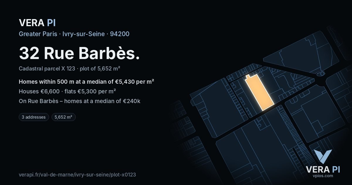32 Rue Barbès, Ivry-sur-Seine at night – the plot lit, the parcels around coloured by the prices near them