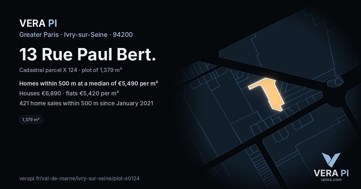 13 Rue Paul Bert, Ivry-sur-Seine at night – the plot lit, the parcels around coloured by the prices near them
