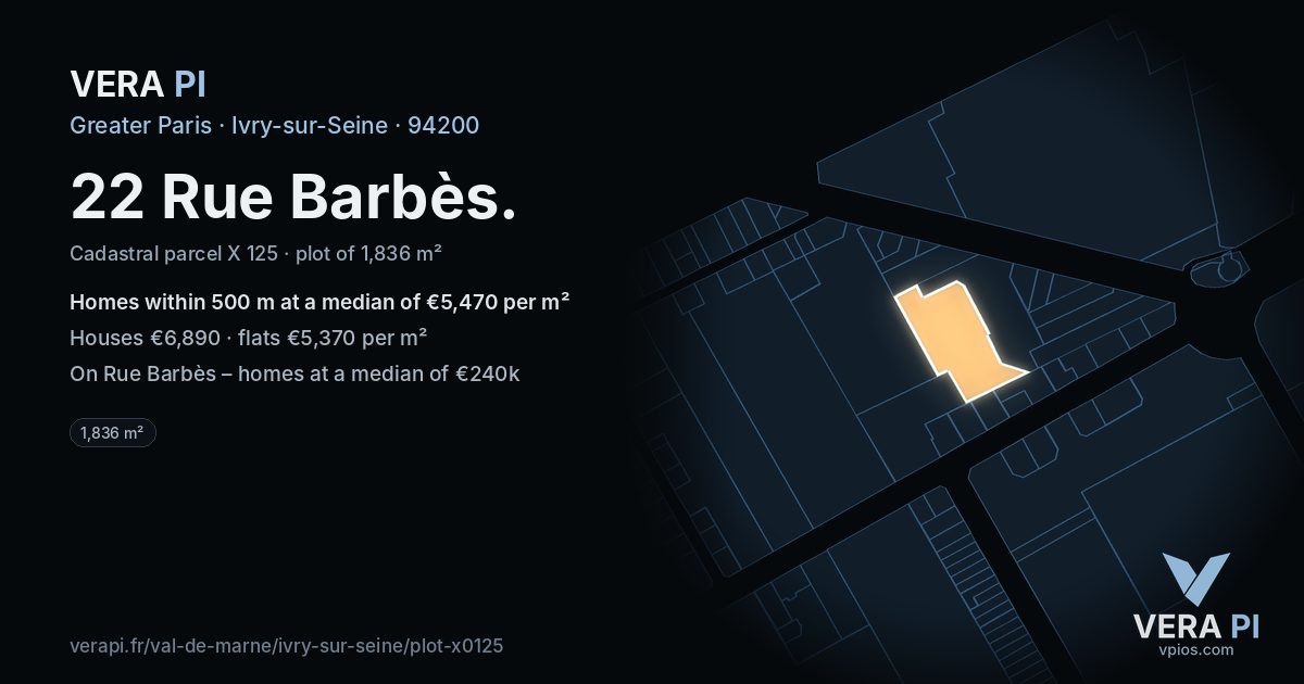 22 Rue Barbès, Ivry-sur-Seine at night – the plot lit, the parcels around coloured by the prices near them