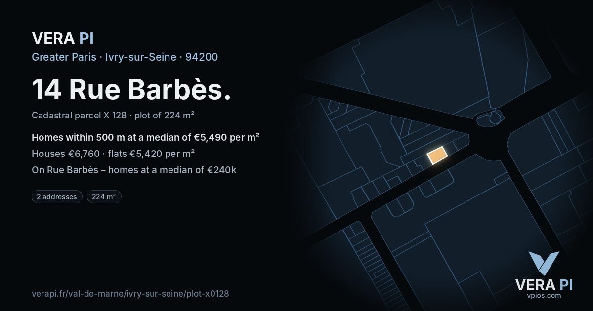 14 Rue Barbès, Ivry-sur-Seine at night – the plot lit, the parcels around coloured by the prices near them